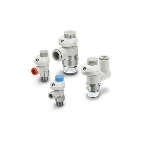SMC AS4201FS-N04-11S AS Elbow Speed Controller with Indicator, 1/2 in Port, 0.1 to 1 MPa Pressure, Brass/PBT Body - Pneumatic Speciality Valves