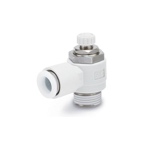 SMC AS2201F-N02-09S AS-F Elbow Speed Controller, 1/4 Port, 0.1 to 1 MPa Pressure, 460 Lpm Flow Rate, PBT/Brass Body - Pneumatic Speciality Valves