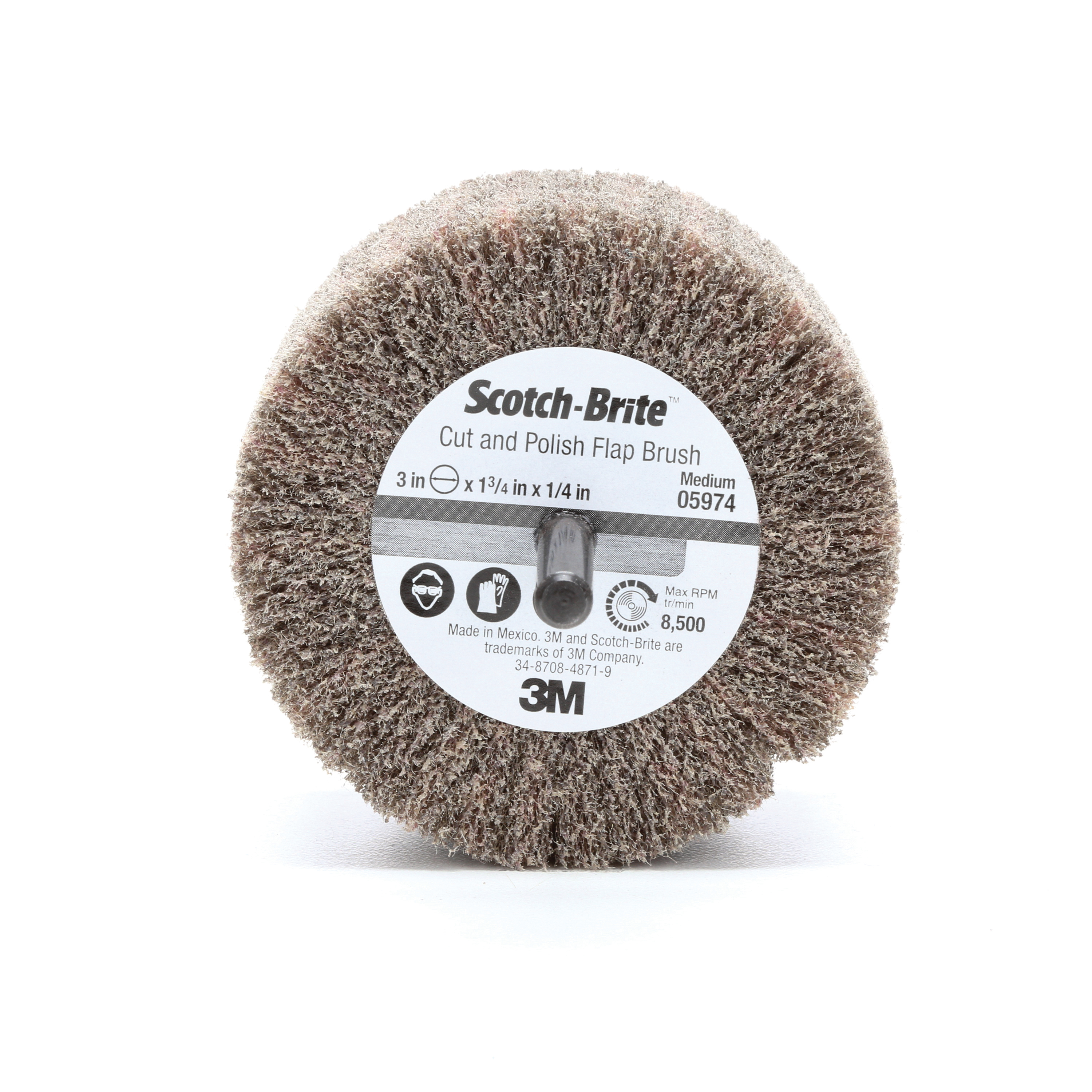 Scotch-Brite 7100050520 Flap Brush, 3 in Dia Wheel, 1-3/4 in W Face, 1/4 in Dia Shank, Medium Grade, Aluminum Oxide Abrasive - Non-Woven Flap Wheels