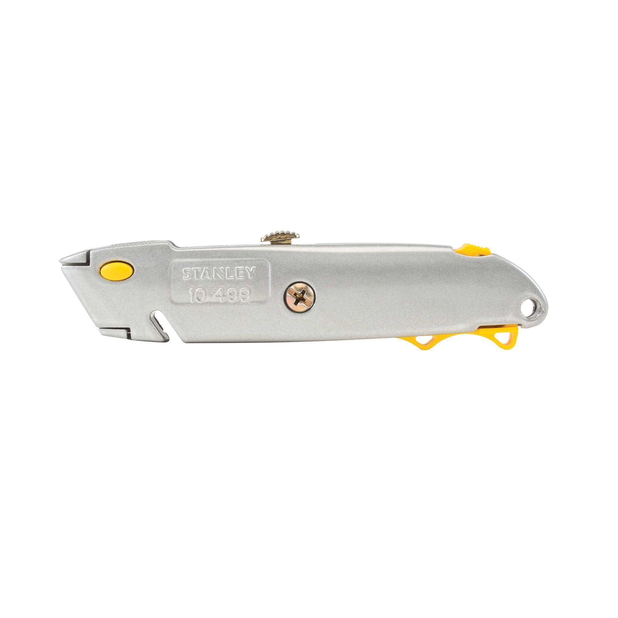 Stanley Quick-Change 10-499 Utility Knife, 3-Position/Retractable Blade, Push Button, Carbon Steel Blade, 3 Blades Included, 6-3/8 in OAL - Utility Knives