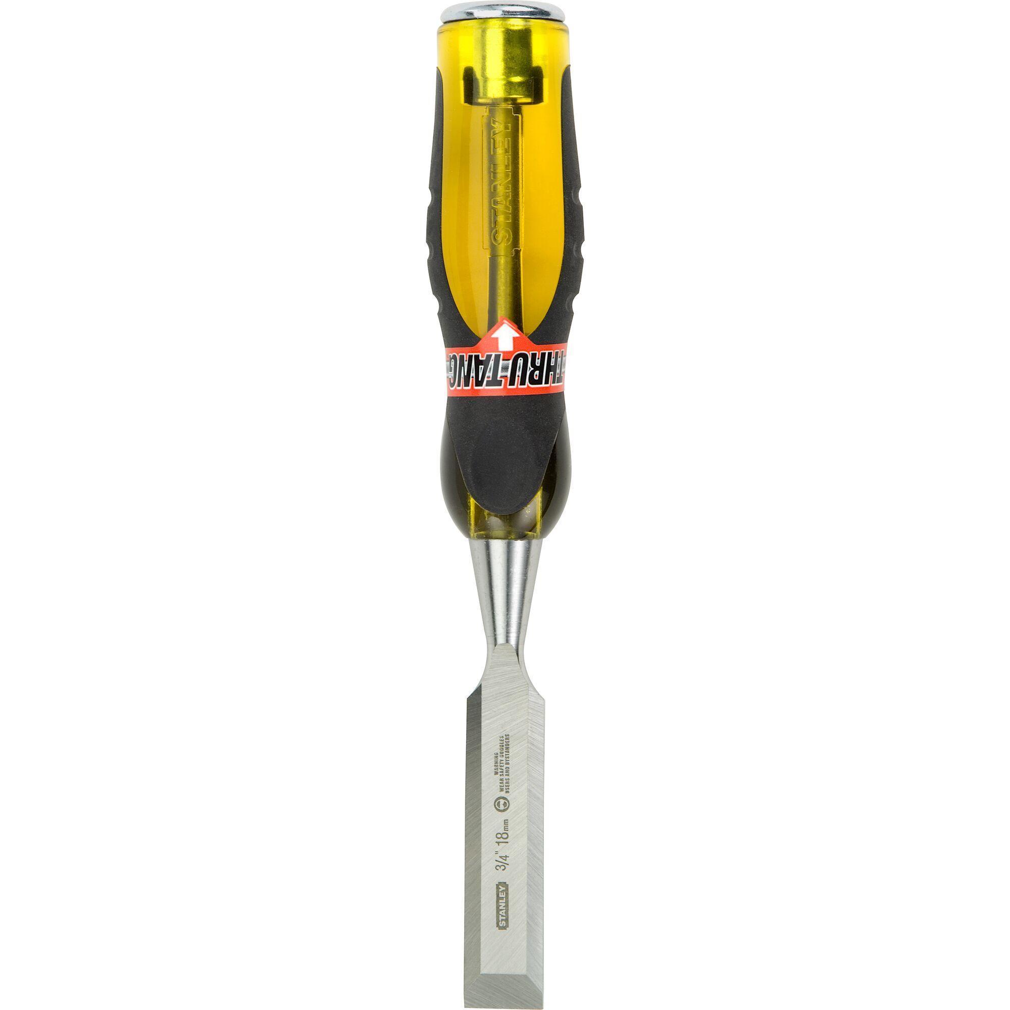 Stanley FatMax Thru-Tang 16-977 Bi-Material Short Blade Wood Chisel, 2-3/4 in Beveled High Carbon Chrome Alloy Steel Tip, 9 in OAL, 3/4 in W Blade, Acetate/Rubber Handle - Chisels