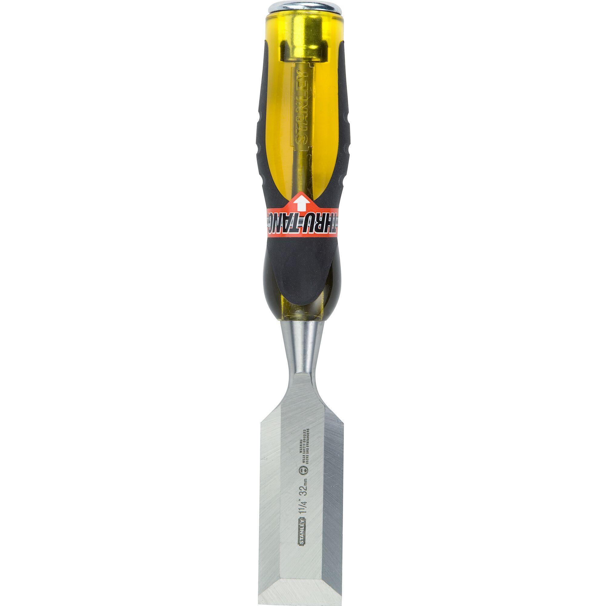 Stanley FatMax Thru-Tang 16-979 Bi-Material Short Blade Wood Chisel, 1-1/4 in Beveled High Carbon Chrome Alloy Steel Tip, 9 in OAL, 1-1/4 in W Blade, Acetate/Rubber Handle - Chisels