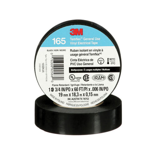 3M 7100169254 165 Multi-Purpose Tape, 60 ft L x 3/4 in W, 6 mil THK, Vinyl, Rubber Adhesive, PVC Backing, Black - Electrical Tapes