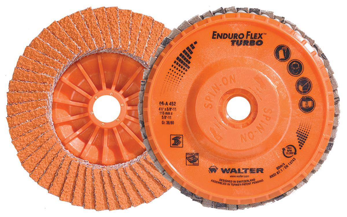 Walter Surface Technologies Enduro-Flex Turbo 06A452 06-A Close Spin-On Coated Flap Disc, 4-1/2 in Dia Disc, 36/60 Grit, Medium Grade, Ceramic Abrasive, Type 27S Disc - Coated Abrasive Flap Discs