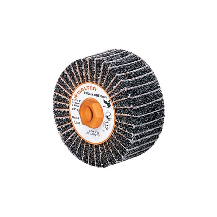 Walter Surface Technologies TWO-IN-ONE 07K422 Mounted Non-Woven Coated Finishing Drum, 4-1/2 in Dia Wheel, 2 in W Face, 80 Grit, Medium Grade, Aluminum Oxide Abrasive - Coated Abrasive Flap Wheels