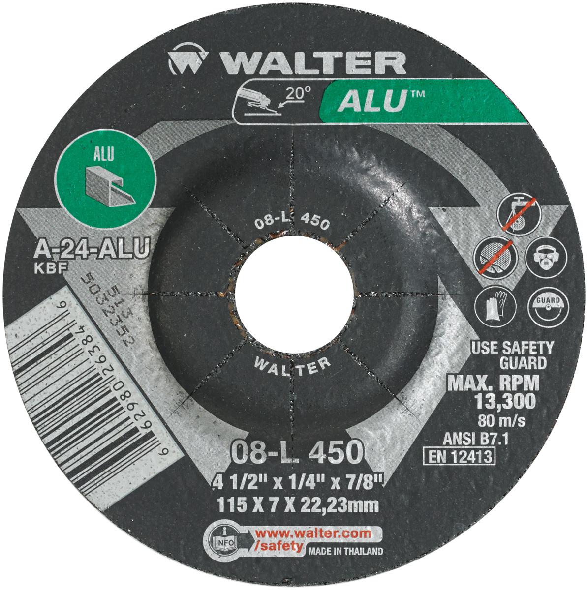 Walter Surface Technologies 08L450 ALU Flat Depressed Center Wheel, 4-1/2 in Dia x 1/4 in THK, 7/8 in Center Hole, 24 Grit, Aluminum Oxide Abrasive - Depressed Center Wheels