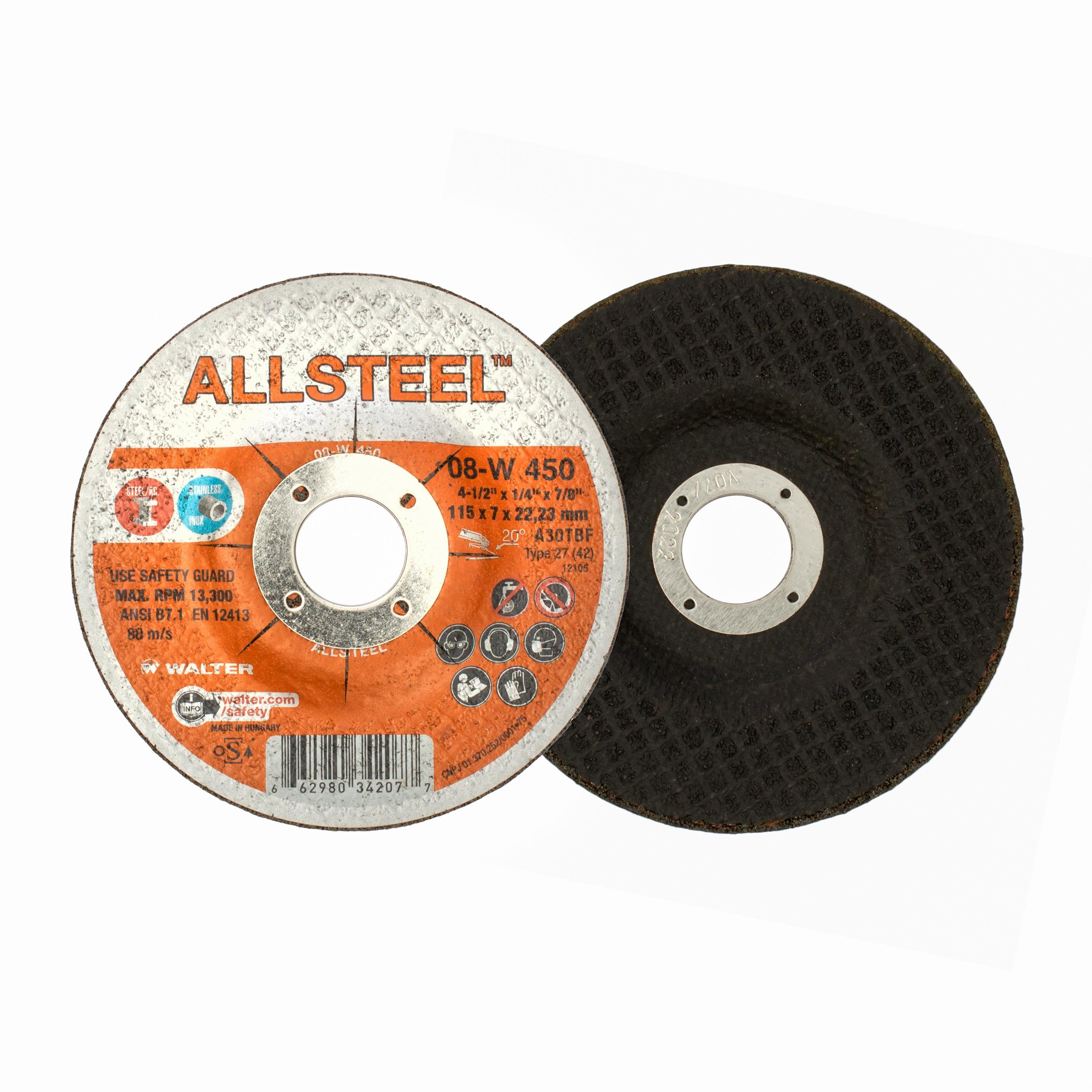 Walter Surface Technologies ALLSTEEL 08W450 Aggressive Grinding Wheel, 4-1/2 in Dia x 1/4 in THK, 7/8 in Center Hole - Depressed Center Wheels