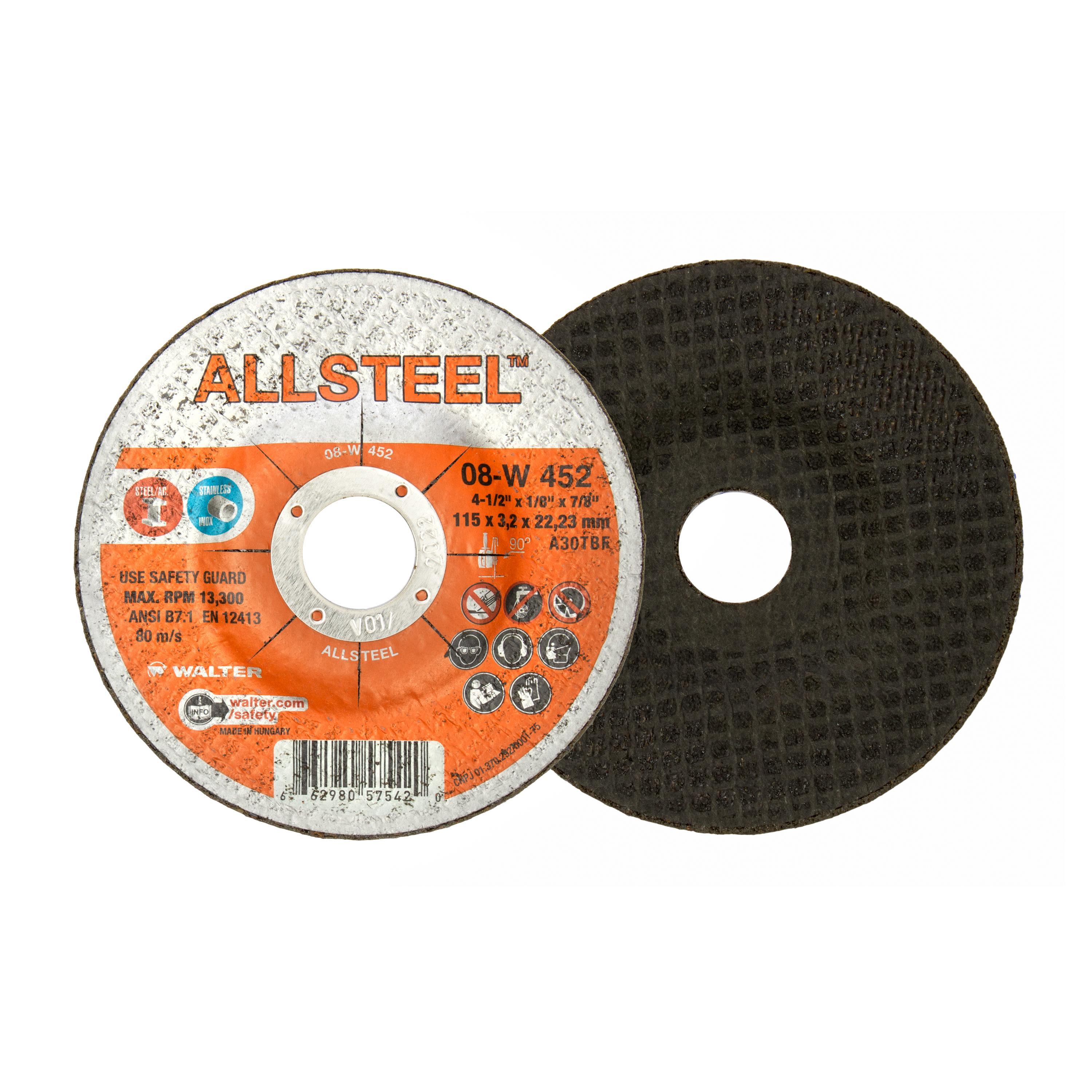 Walter Surface Technologies ALLSTEEL 08W452 Aggressive Grinding Wheel, 4-1/2 in Dia x 1/8 in THK, 7/8 in Center Hole - Depressed Center Wheels