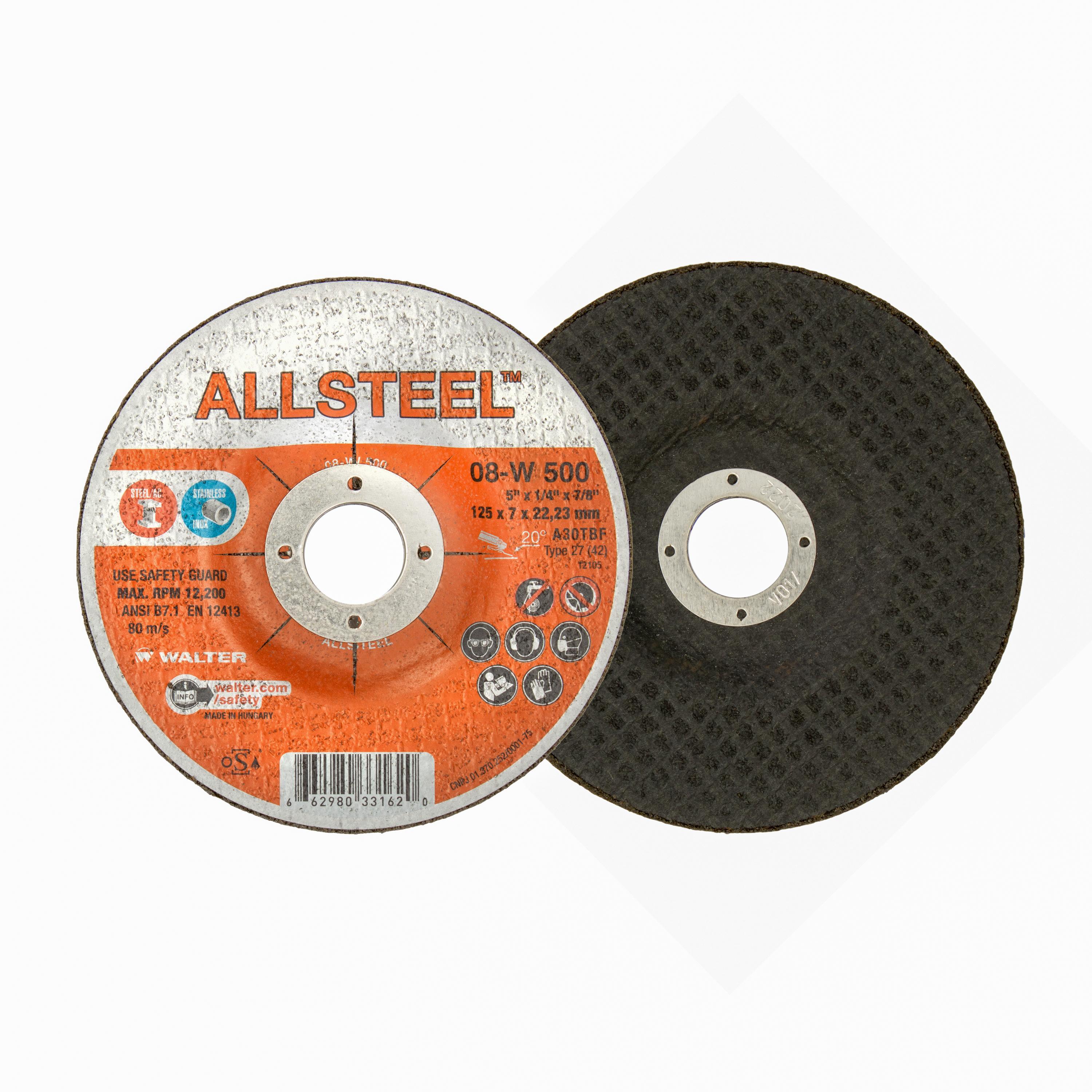 Walter Surface Technologies ALLSTEEL 08W500 Aggressive Grinding Wheel, 5 in Dia x 1/4 in THK, 7/8 in Center Hole - Depressed Center Wheels