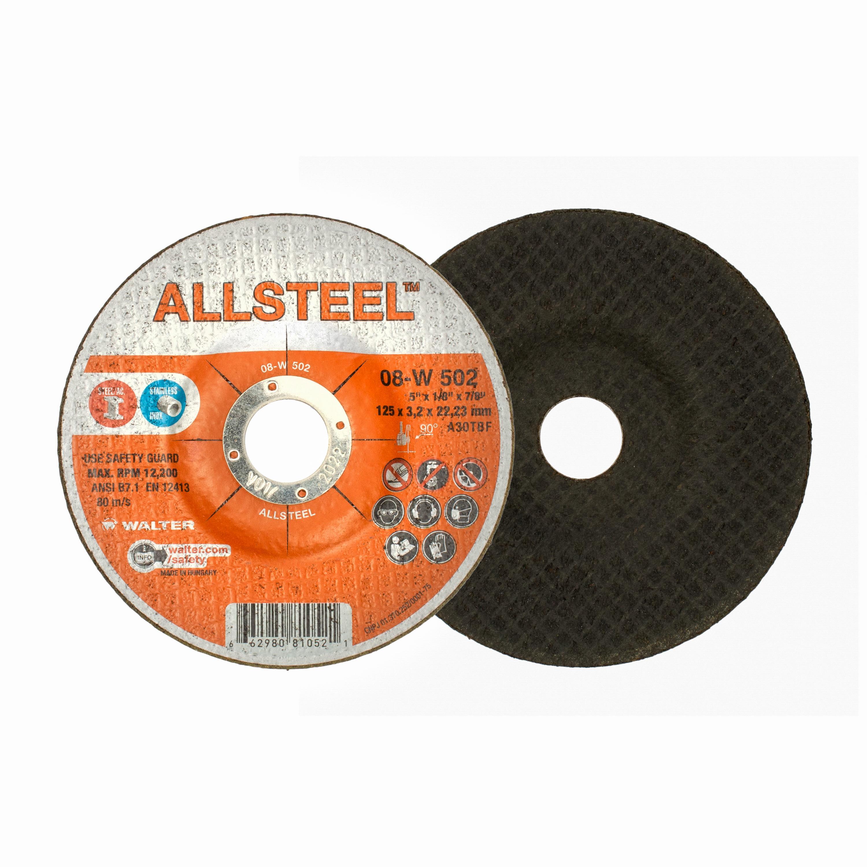 Walter Surface Technologies ALLSTEEL 08W502 Aggressive Grinding Wheel, 5 in Dia x 1/8 in THK, 7/8 in Center Hole - Depressed Center Wheels