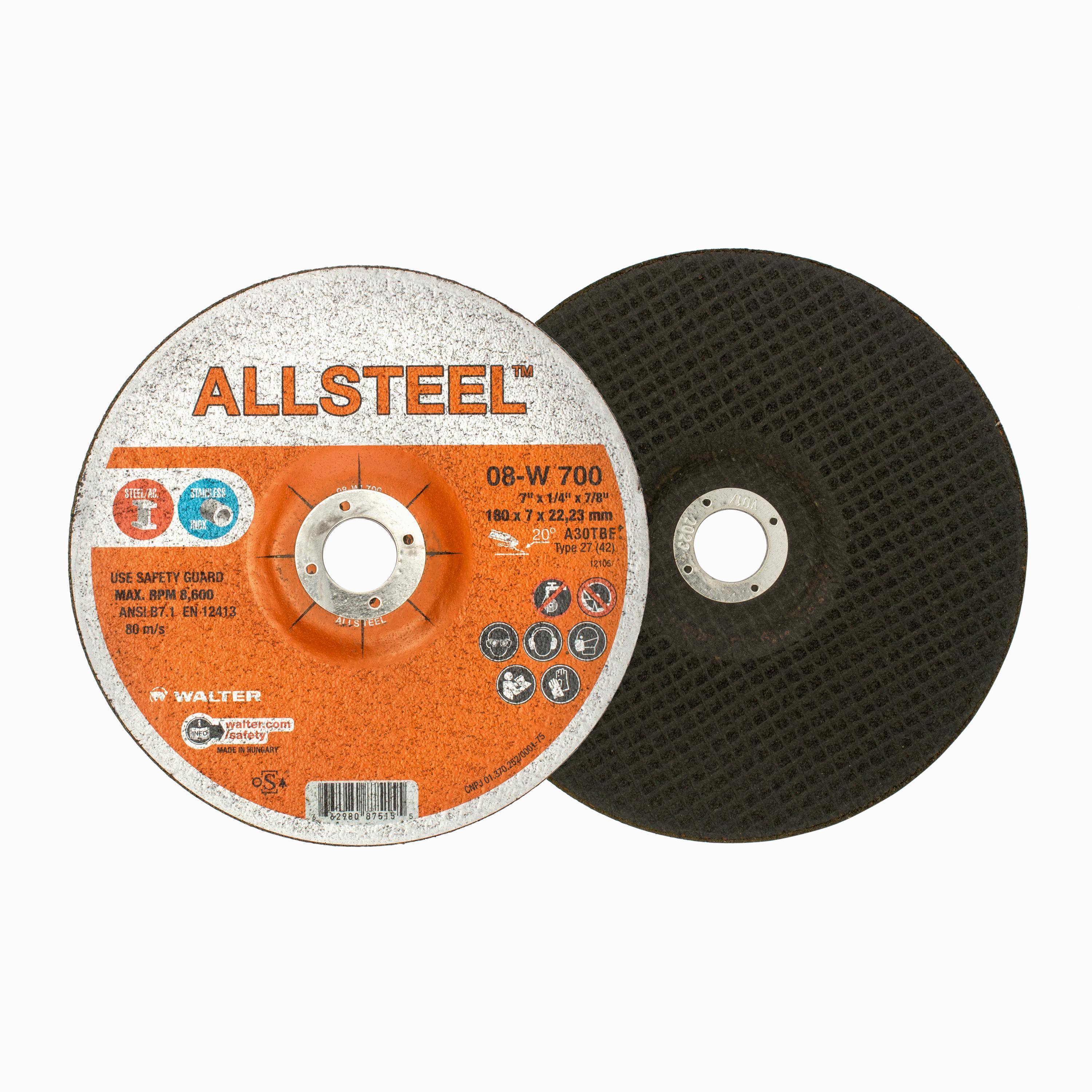 Walter Surface Technologies ALLSTEEL 08W700 Aggressive Grinding Wheel, 7 in Dia x 1/4 in THK, 7/8 in Center Hole - Depressed Center Wheels
