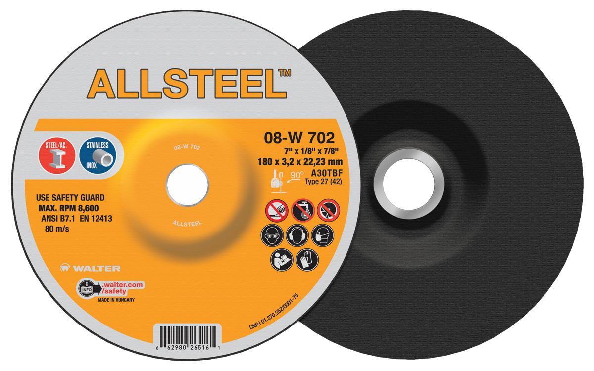 Walter Surface Technologies ALLSTEEL 08W702 Aggressive Grinding Wheel, 7 in Dia x 1/8 in THK, 7/8 in Center Hole - Depressed Center Wheels