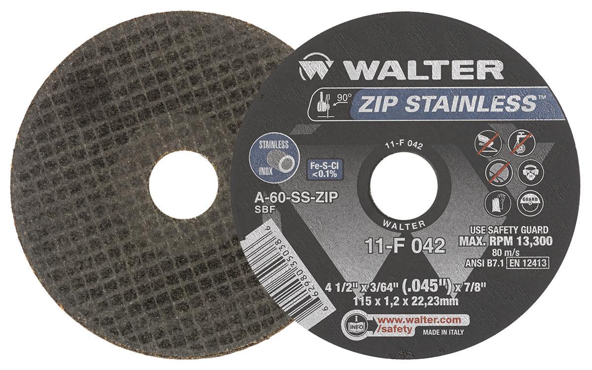 Walter Surface Technologies ZIP STAINLESS 11F042 High Performance Cut-Off Wheel, 4-1/2 in Dia x 3/64 in THK, 7/8 in Center Hole, A-60-SS-ZIP Grit, Aluminum Oxide Abrasive - Cut-Off Wheels