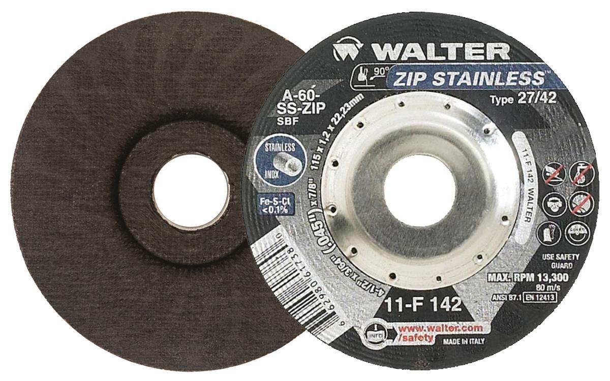 Walter Surface Technologies ZIP STAINLESS 11F142 Flat Depressed Center Wheel, 4-1/2 in Dia x 3/64 in THK, 7/8 in Center Hole, 60 Grit, Aluminum Oxide Abrasive - Depressed Center Wheels