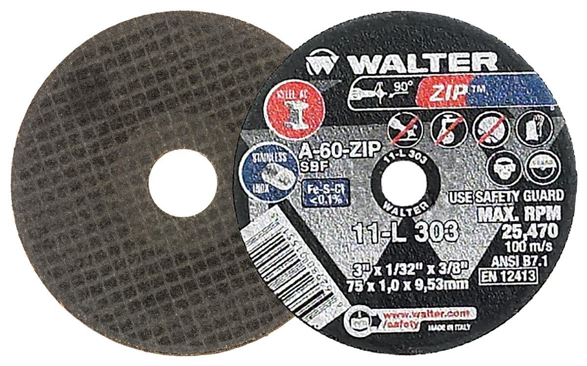 Walter Surface Technologies Zip 11L303 Zip Type 1 Cut-Off Wheel, 3 in Dia x 1/32 in THK, 3/8 in Center Hole, A-60-ZIP Grit, Aluminum Oxide Abrasive - Cut-Off Wheels