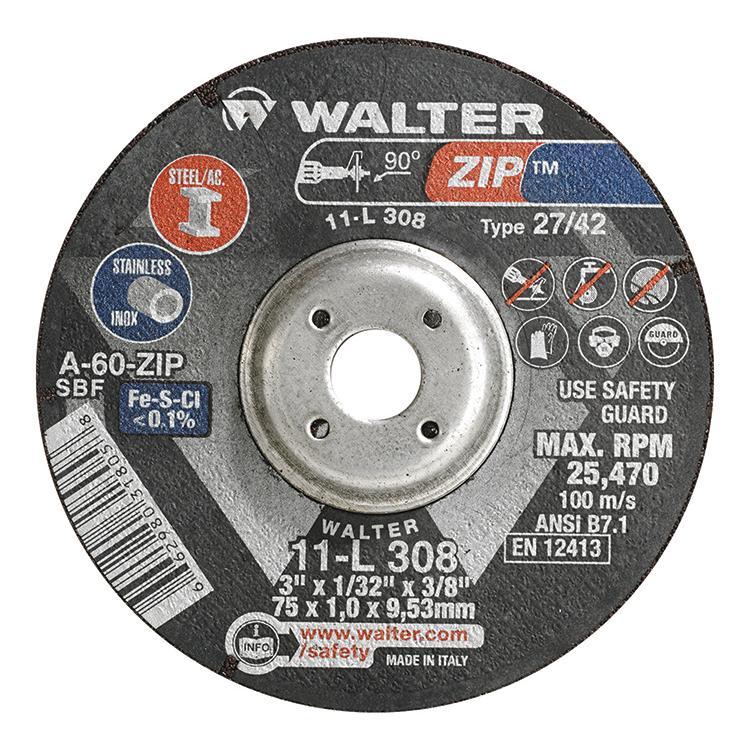Walter Surface Technologies Zip 11L308 ZIP Flat Depressed Center Wheel, 3 in Dia x 1/32 in THK, 3/8 in Center Hole, 60 Grit, Aluminum Oxide Abrasive - Depressed Center Wheels