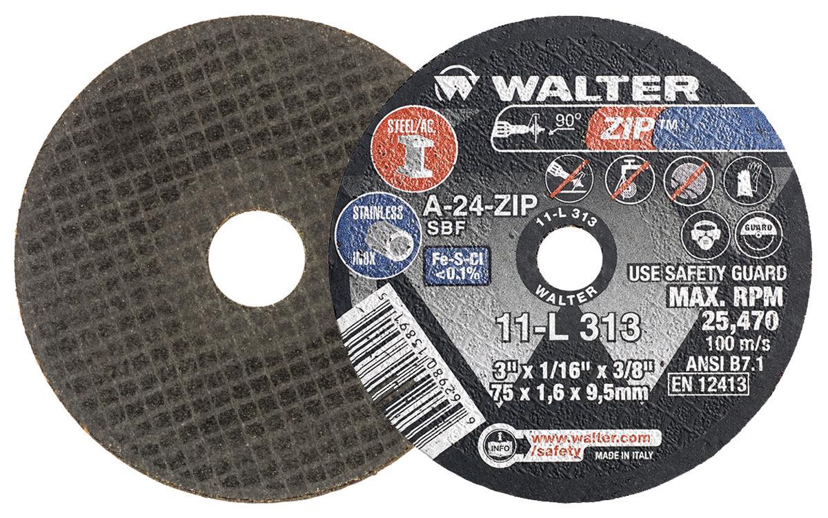 Walter Surface Technologies Zip 11L313 Zip Type 1 Cut-Off Wheel, 3 in Dia x 1/16 in THK, 3/8 in Center Hole, A-24-ZIP Grit, Aluminum Oxide Abrasive - Cut-Off Wheels