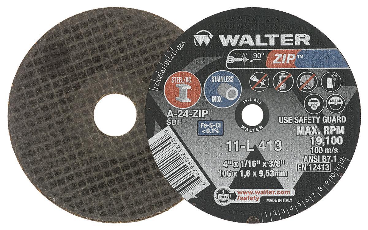 Walter Surface Technologies Zip 11L413 Zip Type 1 Cut-Off Wheel, 4 in Dia x 1/16 in THK, 3/8 in Center Hole, A-24-ZIP Grit, Aluminum Oxide Abrasive - Cut-Off Wheels