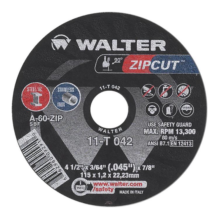 Walter Surface Technologies Zip 11T042 Zip High Performance Thin Cut-Off Wheel, 4-1/2 in Dia x 3/64 in THK, 7/8 in Center Hole, A-60-ZIP Grit, Aluminum Oxide Abrasive - Cut-Off Wheels