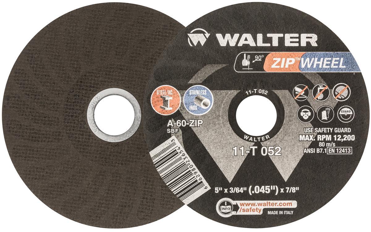 Walter Surface Technologies Zip 11T052 Zip High Performance Type 1 Cut-Off Wheel, 5 in Dia x 3/64 in THK, 7/8 in Center Hole, A-60-ZIP Grit, Aluminum Oxide Abrasive - Cut-Off Wheels