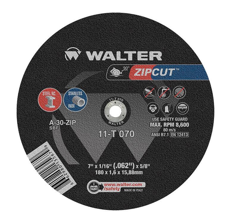 Walter Surface Technologies ZIP WHEEL 11T070 High Performance Cut-Off Wheel, 7 in Dia x 1/16 in THK, 5/8 in Center Hole, A-30-ZIP Grit, Aluminum Oxide Abrasive - Cut-Off Wheels