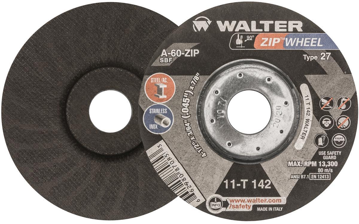 Walter Surface Technologies Zip 11T142 Zip High Performance Type 27 Cut-Off Wheel, 4-1/2 in Dia x 3/64 in THK, 7/8 in Center Hole, A-60-ZIP Grit, Aluminum Oxide Abrasive - Cut-Off Wheels