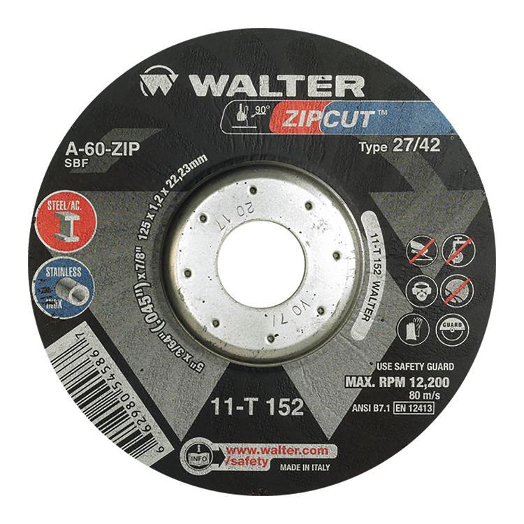 Walter Surface Technologies ZIP WHEEL 11T152 High Performance Cut-Off Wheel, 5 in Dia x 3/64 in THK, 7/8 in Center Hole, A-60-ZIP Grit, Aluminum Oxide Abrasive - Cut-Off Wheels