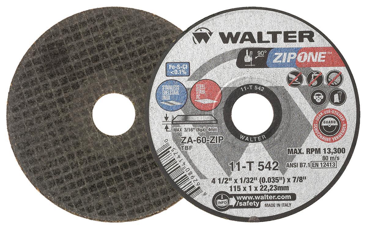 Walter Surface Technologies ZIP ONE 11T542 Cut-Off Wheel, 4-1/2 in Dia x 1/32 in THK, 7/8 in Center Hole, ZA-60-ZIP Grit, Zirconia Alumina Abrasive - Cut-Off Wheels