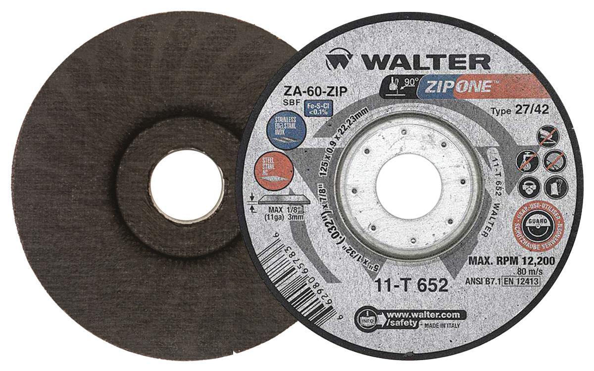 Walter Surface Technologies ZIP ONE 11T652 Flat Depressed Center Wheel, 5 in Dia x 1/32 in THK, 7/8 in Center Hole, 60 Grit, Zirconia Alumina Abrasive - Depressed Center Wheels
