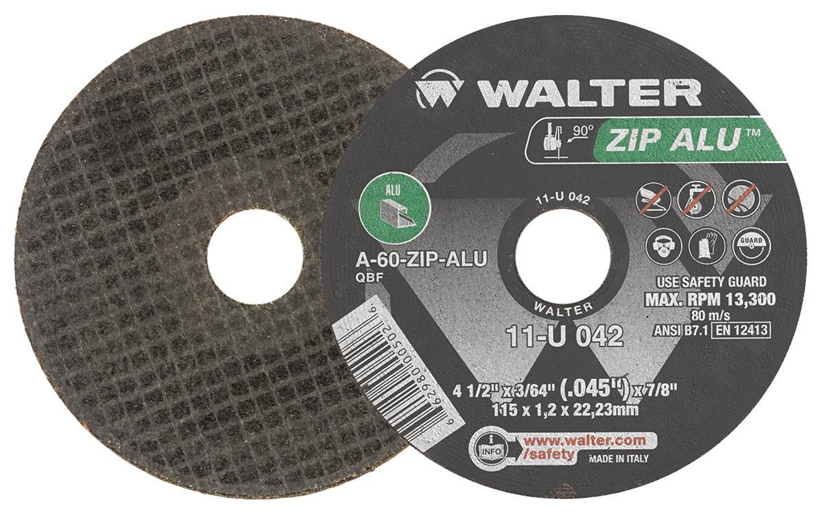 Walter Surface Technologies ZIP ALU 11U042 Cut-Off Wheel, 4-1/2 in Dia x 3/64 in THK, 7/8 in Center Hole, A-60-ZIP ALU Grit, Aluminum Oxide Abrasive - Cut-Off Wheels
