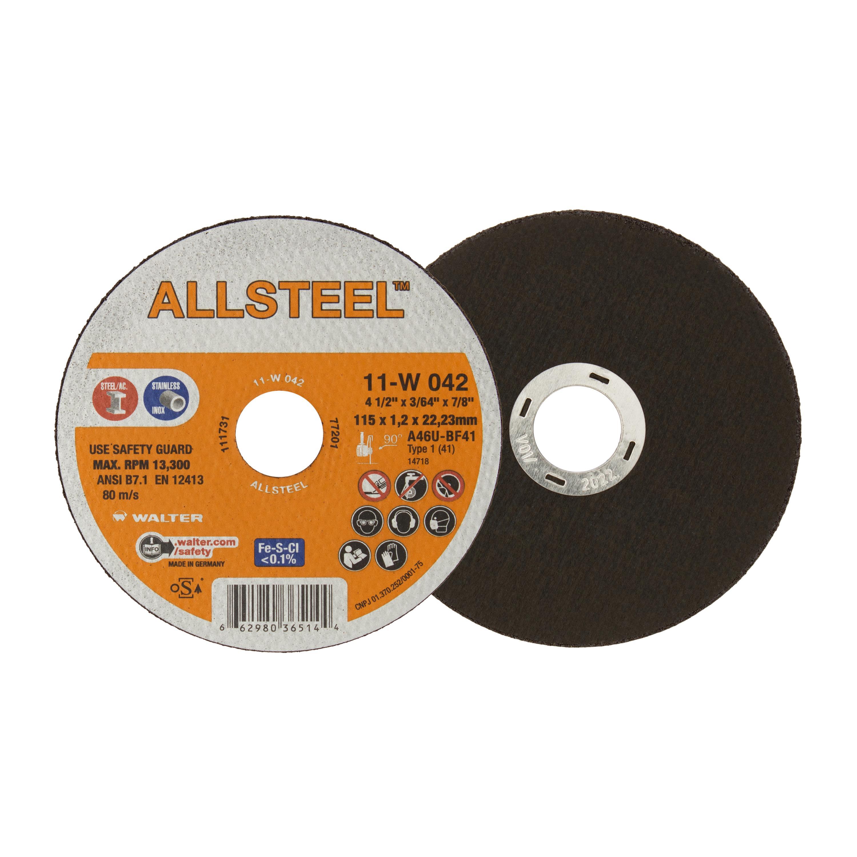 Walter Surface Technologies ALLSTEEL 11W042 11-W High Performance Cut-Off Wheel, 4-1/2 in Dia x 3/64 in THK, 7/8 in Center Hole - Cut-Off Wheels