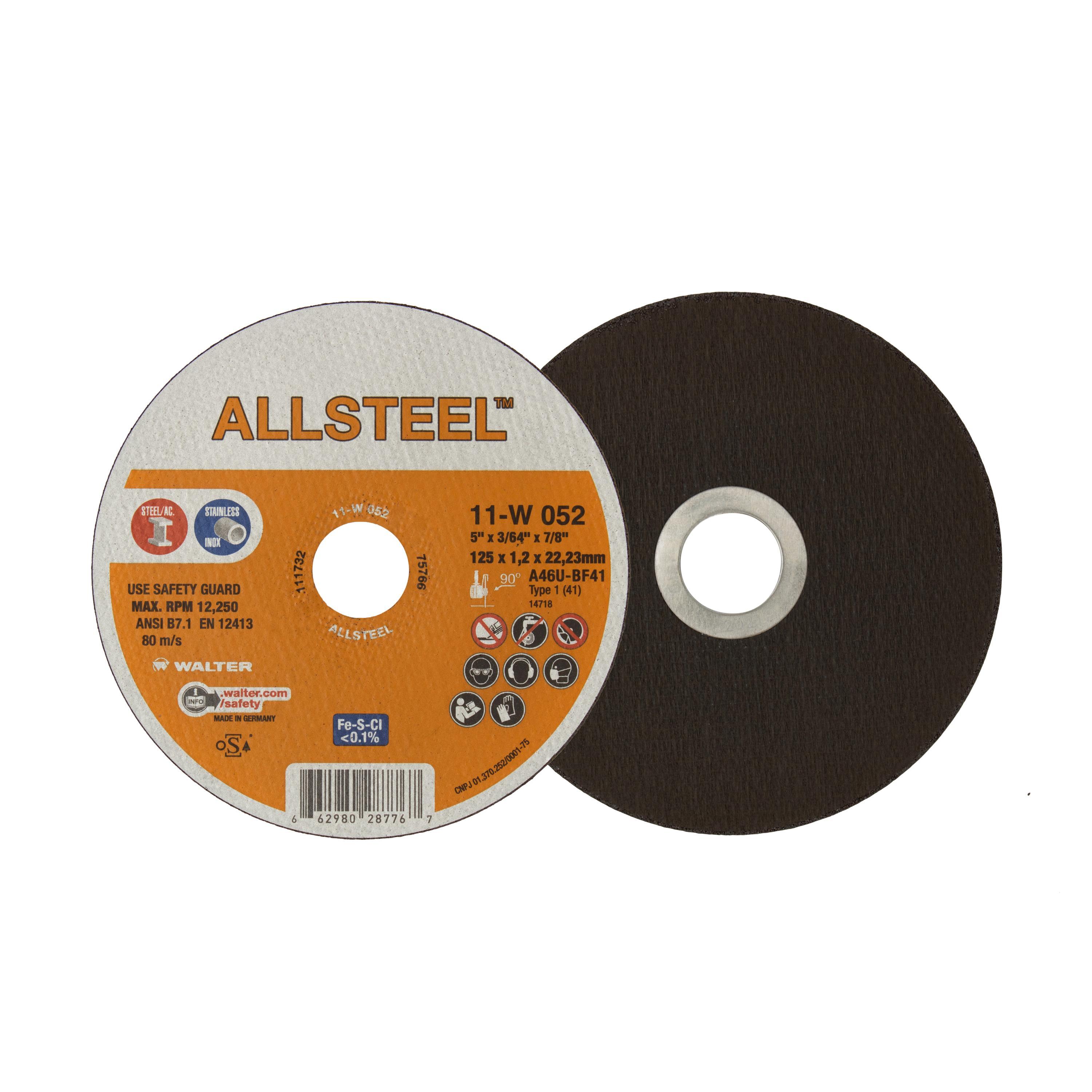 Walter Surface Technologies ALLSTEEL 11W052 11-W High Performance Cut-Off Wheel, 5 in Dia x 3/64 in THK, 7/8 in Center Hole - Cut-Off Wheels