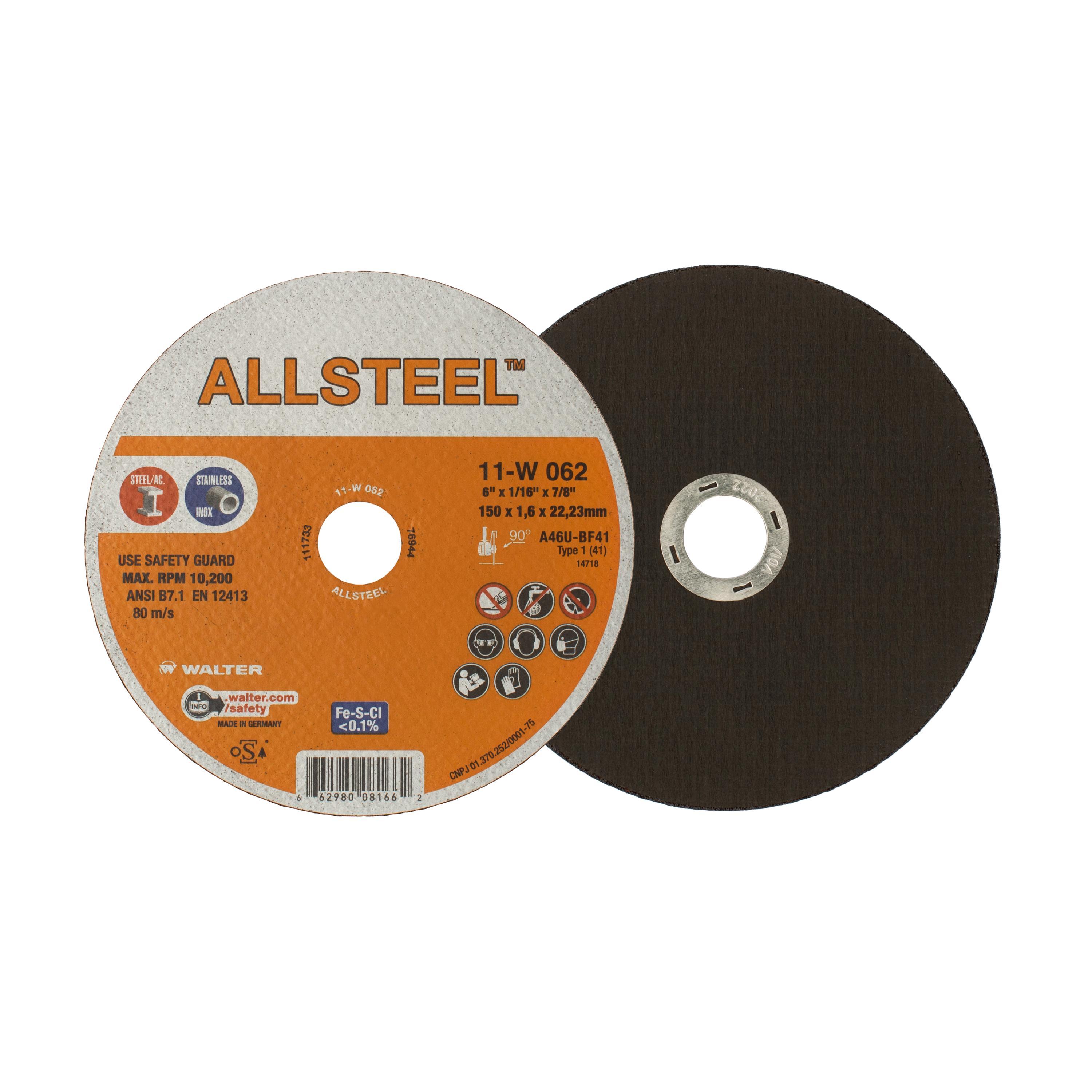 Walter Surface Technologies ALLSTEEL 11W062 11-W High Performance Cut-Off Wheel, 6 in Dia x 3/64 in THK, 7/8 in Center Hole - Cut-Off Wheels