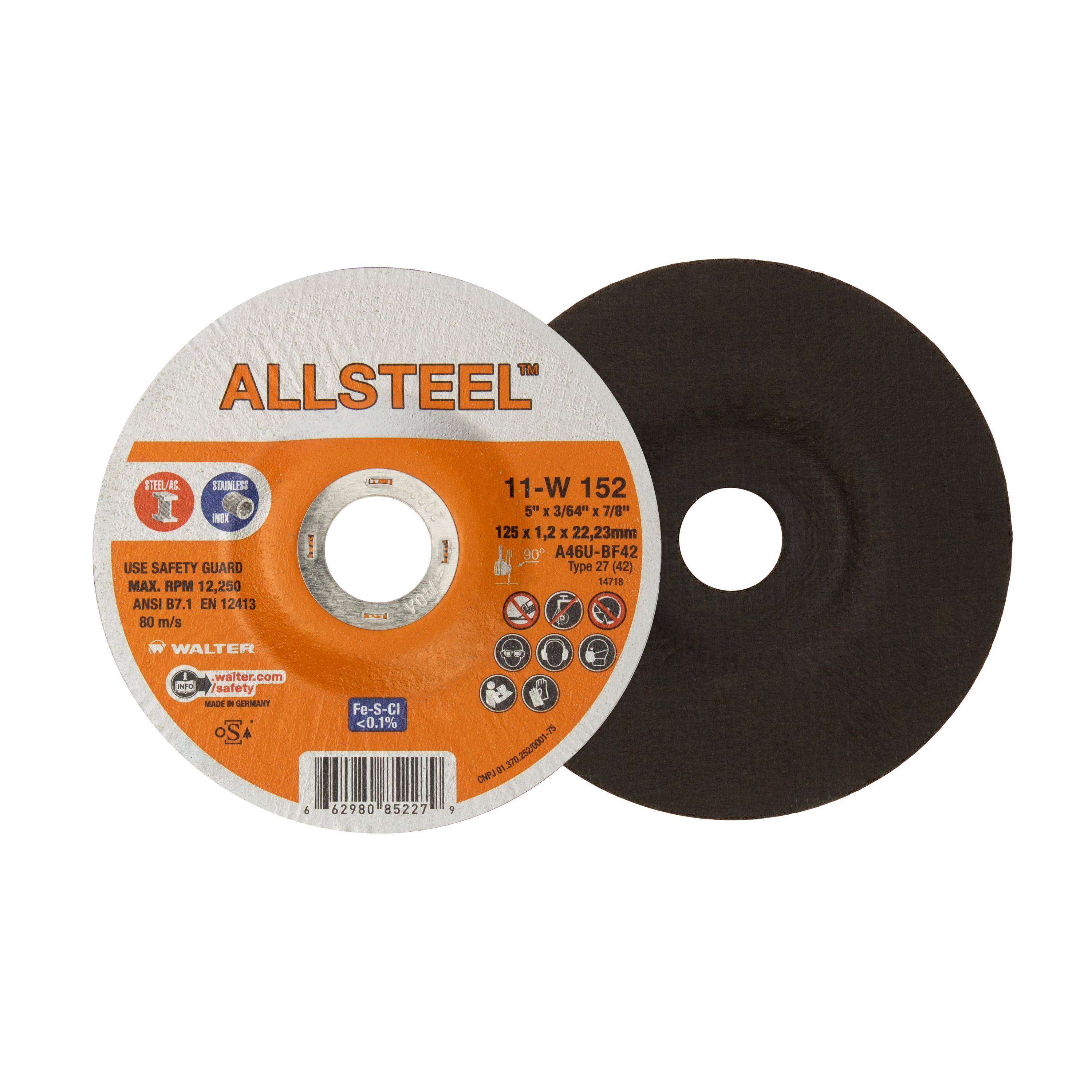 Walter Surface Technologies ALLSTEEL 11W152 11-W High Performance Cut-Off Wheel, 5 in Dia x 3/64 in THK, 7/8 in Center Hole - Cut-Off Wheels