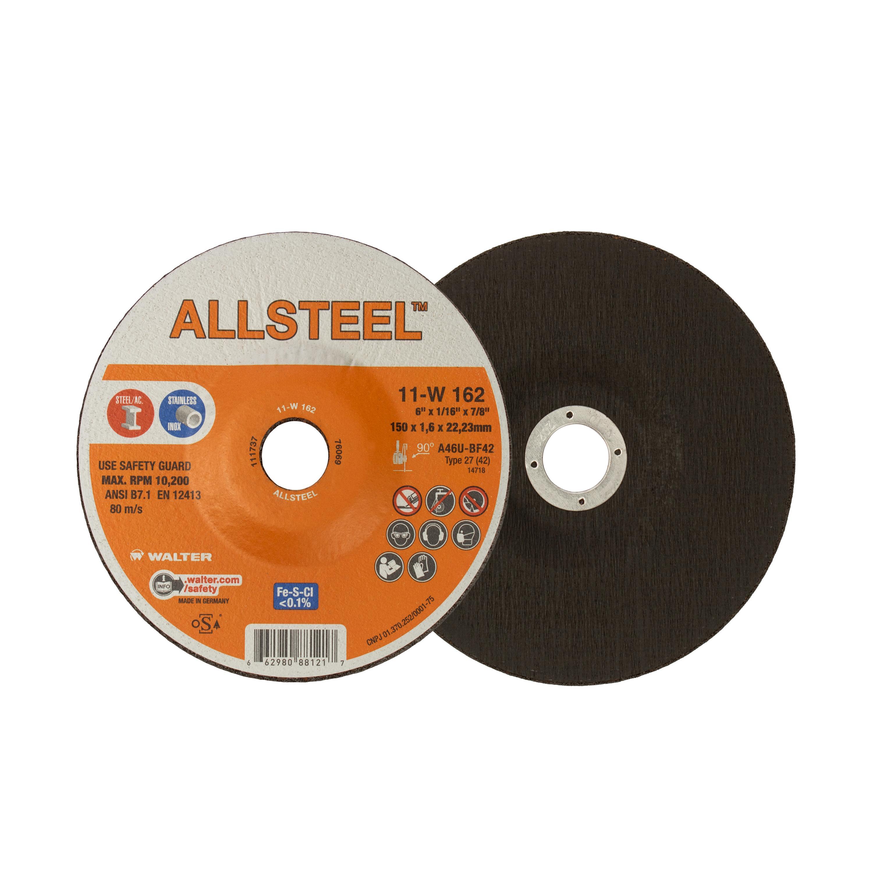 Walter Surface Technologies ALLSTEEL 11W162 11-W High Performance Cut-Off Wheel, 6 in Dia x 3/64 in THK, 7/8 in Center Hole - Cut-Off Wheels