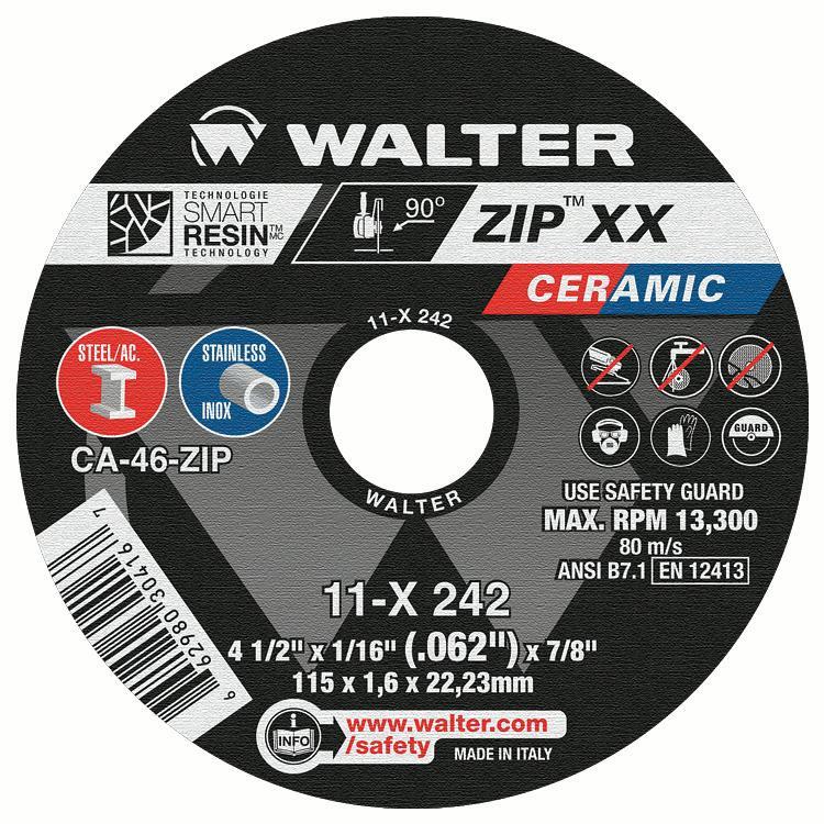 Walter Surface Technologies 11X242 ZIP Faster Cut-Off Wheel, 4-1/2 in Dia Wheel x 1-16 in THK Wheel, 7/8 in Center Hole, 46 Grit, Ceramic Abrasive - Cut-Off Wheels