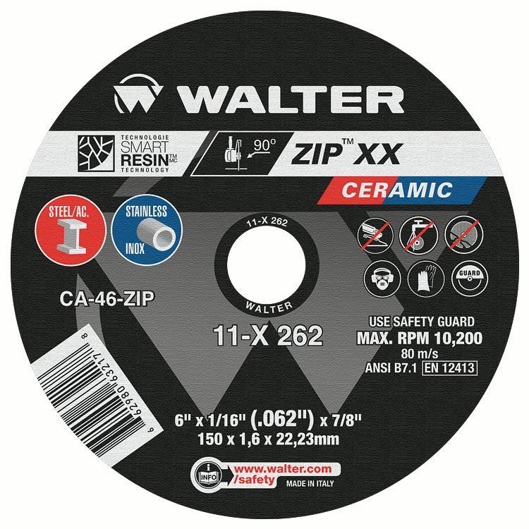 Walter Surface Technologies 11X262 ZIP Faster Cut-Off Wheel, 6 in Dia Wheel x 1-16 in THK Wheel, 7/8 in Center Hole, 46 Grit, Ceramic Abrasive - Cut-Off Wheels