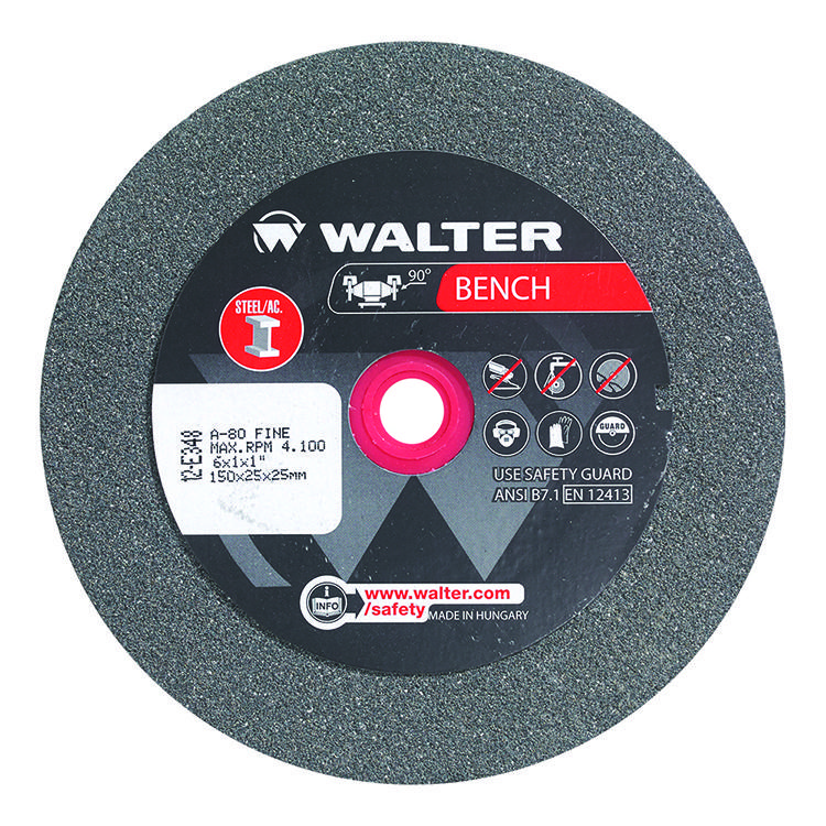 Walter Surface Technologies 12E348 Bench and Pedestal Grinding Wheel, 6 in Dia x 1 in THK, 1 in Center Hole, 80 Grit, Aluminum Oxide Abrasive - Straight Grinding Wheels