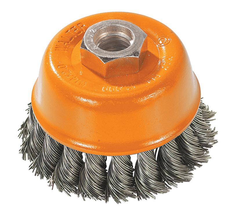 Walter Surface Technologies 13F304 Cup Brush, 3 in Dia Brush, 5/8-11 Arbor Hole, 0.015 in Dia Filament/Wire, Twist Knot, Steel Fill - Cup Brushes